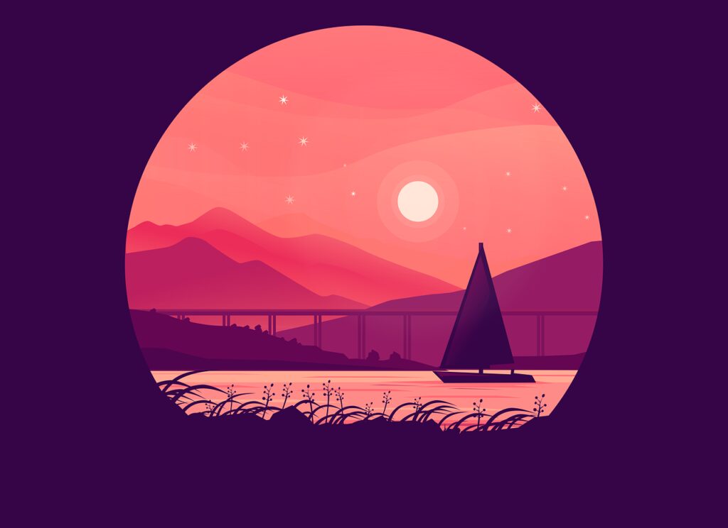mountain, boat, sunset